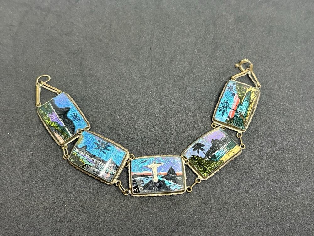 Vintage MADE IN BRAZIL Butterfly Wings Palm Trees Rio Scene 6 Panel Bracelet